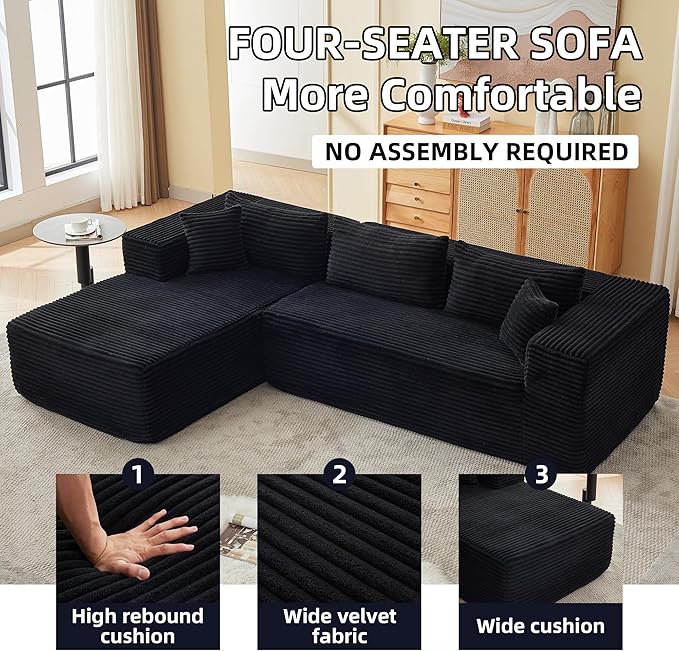 107" Modular Sectional Sofa, L-Shaped Cloud Couch with Deep Seat, Boneless Fluffy Corduroy Sofa for Living Room, No Assembly Required, (Left Facing Chaise,Black)