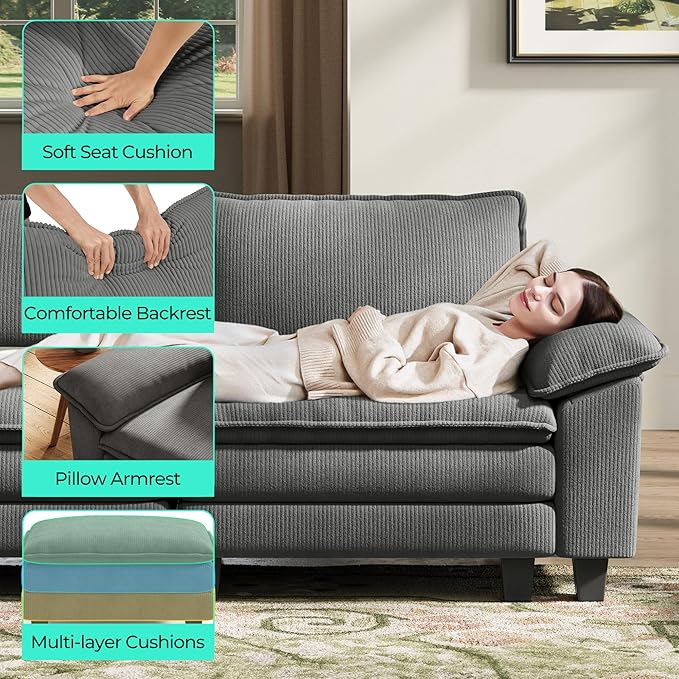 LINSY HOME 90'' Cloud Loveseat Sofa, Modular Sectional Couches Corduroy Cloud Couch Soft Modern Comfy Love Seat Sofa Set for Living Room Apartment Office, Grey