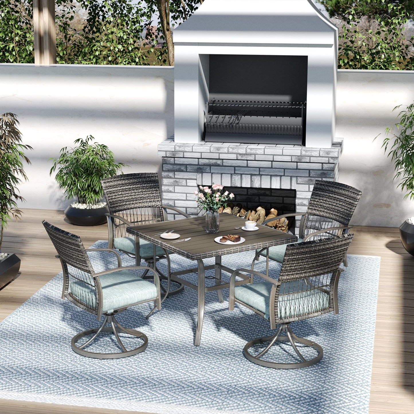 Pamapic 5 Piece Patio Dining Set for 4,Outdoor Wicker Furniture Set for Backyard Garden Deck Poolside with 4 Cushions Swivel Rocker Chairs, Square Iron Slats Table Top, Removable Cushions(Green)