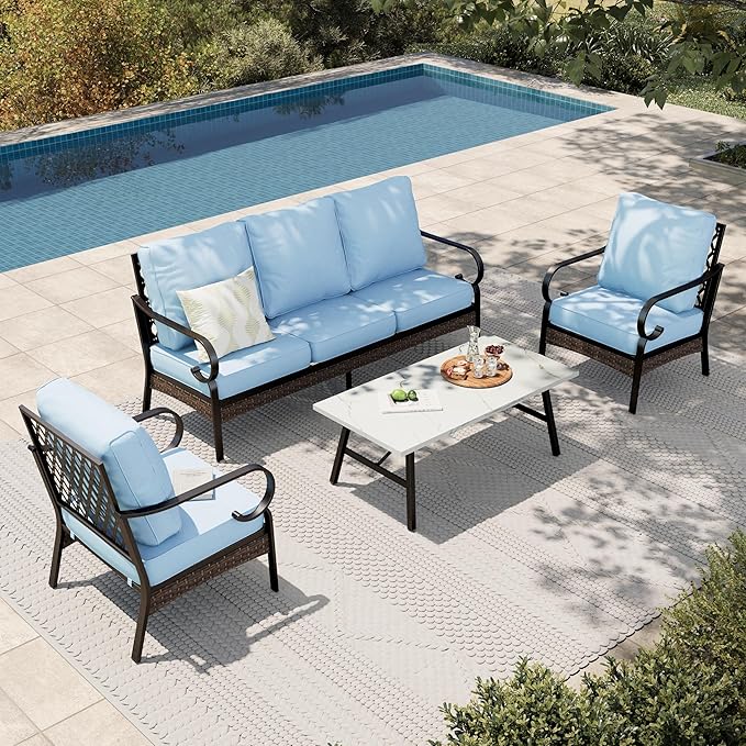 HERA'S HOUSE 4 Piece Metal Patio Furniture Set, All Weather Outdoor Conversation Set with 3 Seat Sofa, 2 x Cushioned Fixed Chair & Coffee Table, Seats 5 for Backyard, Garden, Deck, Blue