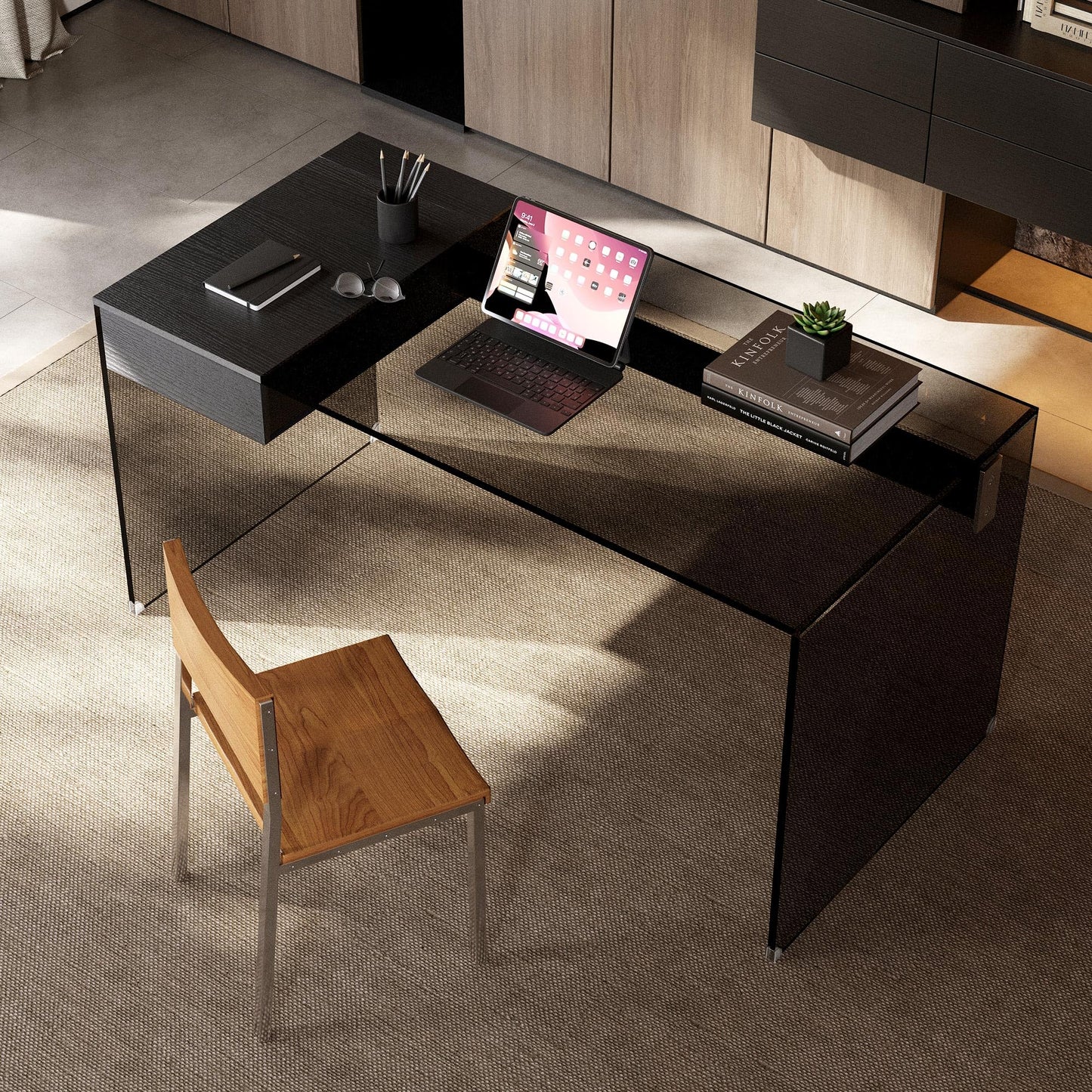 NessCarsti 53.14" Modern Tempered Glass Executive Desk with Drawer, Black Wood Finish and Tempered Glass Legs – Minimalist Stylish Workstation Table for Home Office