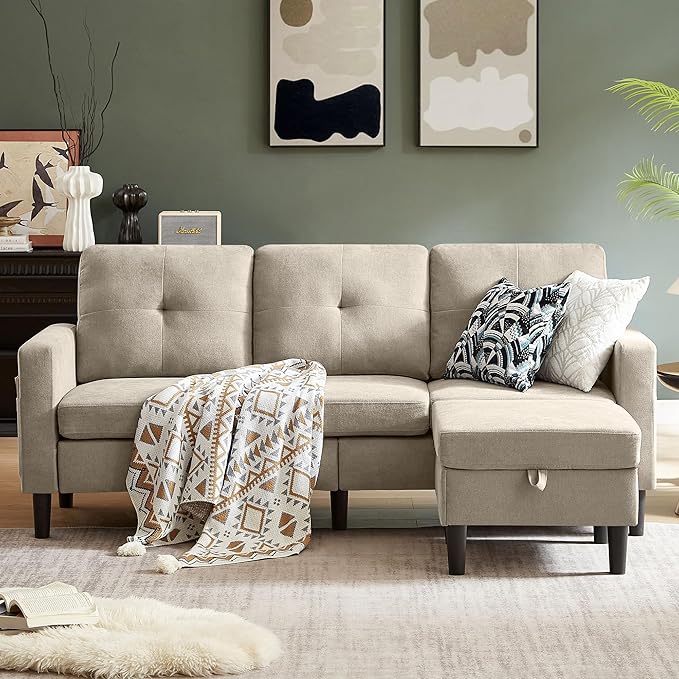 Pingliang Home 80" Convertible Sectional Sofa Couch with Movable Ottoman, 3 Seats Sectional Sofas L Shaped Couch for Small Spaces, Soft Fabric Couch for Living Room (Beige)