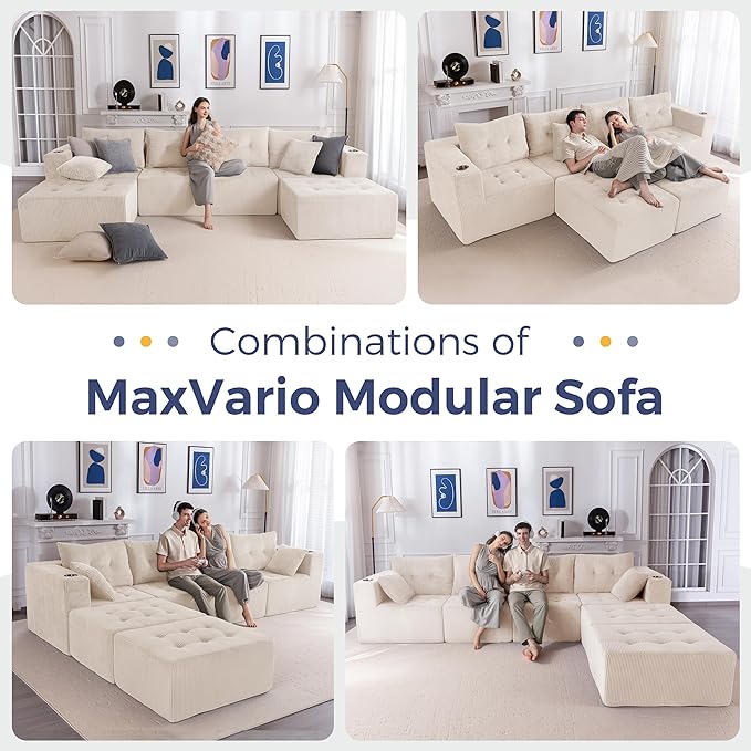 MAXYOYO 129.5" Modular Sectional Sofa Couch, U Shaped Modern Cloud Couch with 2 Ottomans, Sofa in A Box, Tufted 6-Seat Boneless Sleeper Chair for Living Room, No Assembly Required, Beige