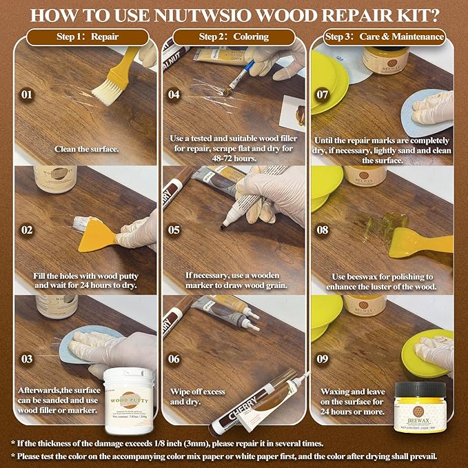 Wood Furniture Repair Kit - Set of 34 - Laminate Floor Repair Kit with Wood Putty, 12 Colors Wood Filler & 8 Colors Furniture Markers and Beewax, Wood Repair Kit for Scratch Cracks Hole Discoloration