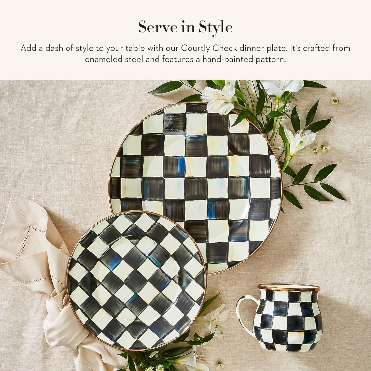 MACKENZIE-CHILDS Enamel Dinner Plate, Decorative Dinnerware Plate, 10 Inches, Set of 1, Black-and-White Courtly Check