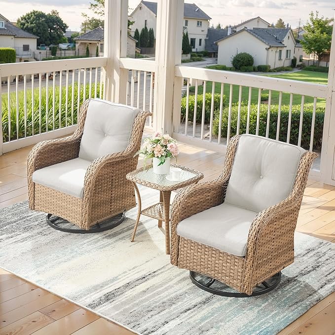 Belord Outdoor Swivel Rocker Patio Chairs - 360 Degree Swivel Glider Seating 350LBS Weight Capacity 3 Piece Wicker Rocking Chairs Set with Side Table for Porch Balcony Deck, Yellow/Beige