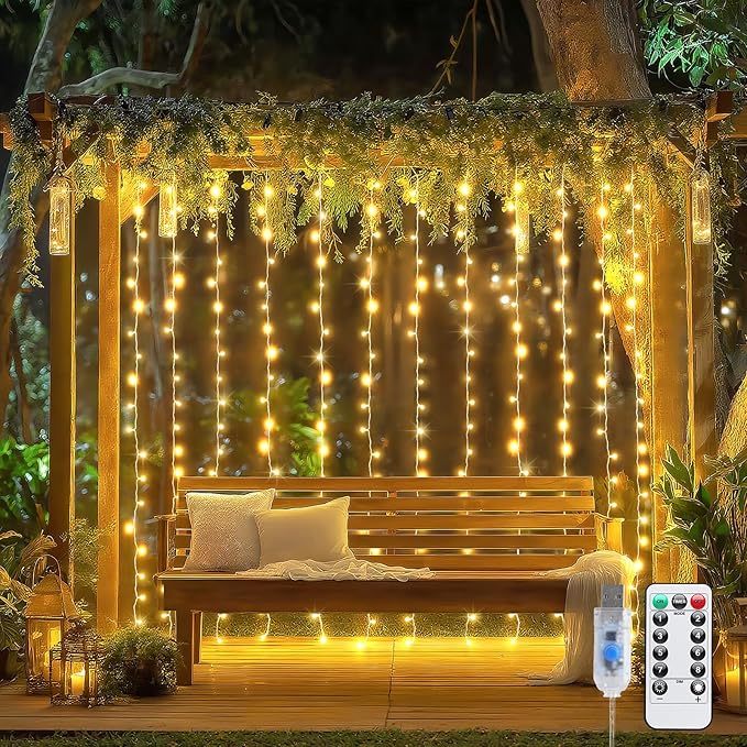 JMEXSUSS 200 LED Christmas Curtain Lights for Bedroom, Warm White Hanging Curtain String Lights Indoor, USB Plug in Christ...