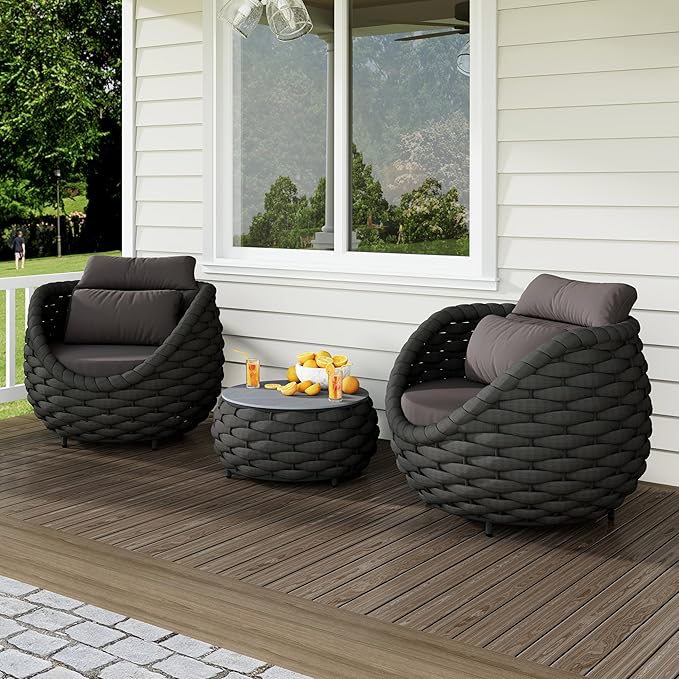 Erotr Deck Furniture Set: 3 Pieces Aluminum Woven Rope Patio Conversation Sofa Set for 2, Comfy Cushions Couch Armchair Table Set Assembled, 400lbs for Porch Balcony Pool Bistro Yard Hotel - Dark Gray