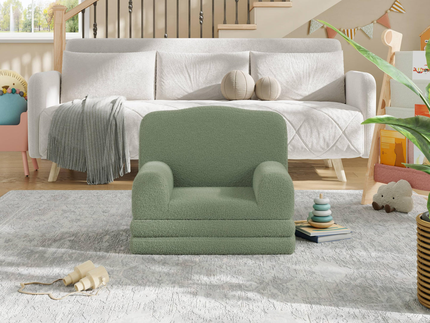 GarveeHome Kids Couch, 2-in-1 Comfy Toddler Couch Fold Out, Convertible Sofa to Lounger Foam Kids Chair with Soft Sherpa, Gift for Girls and Boys (Green-Crown, Large)