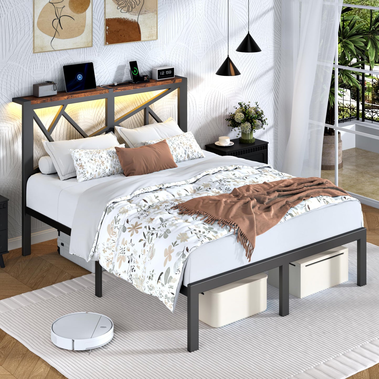 DynJest Queen Size Metal Bed Frame with LED Lights, Storage Headboard with Charging Station, Modern Queen Platform Bed with Heavy Duty Supports, No Box Spring Needed, Noise Free, Easy Assembly, Black
