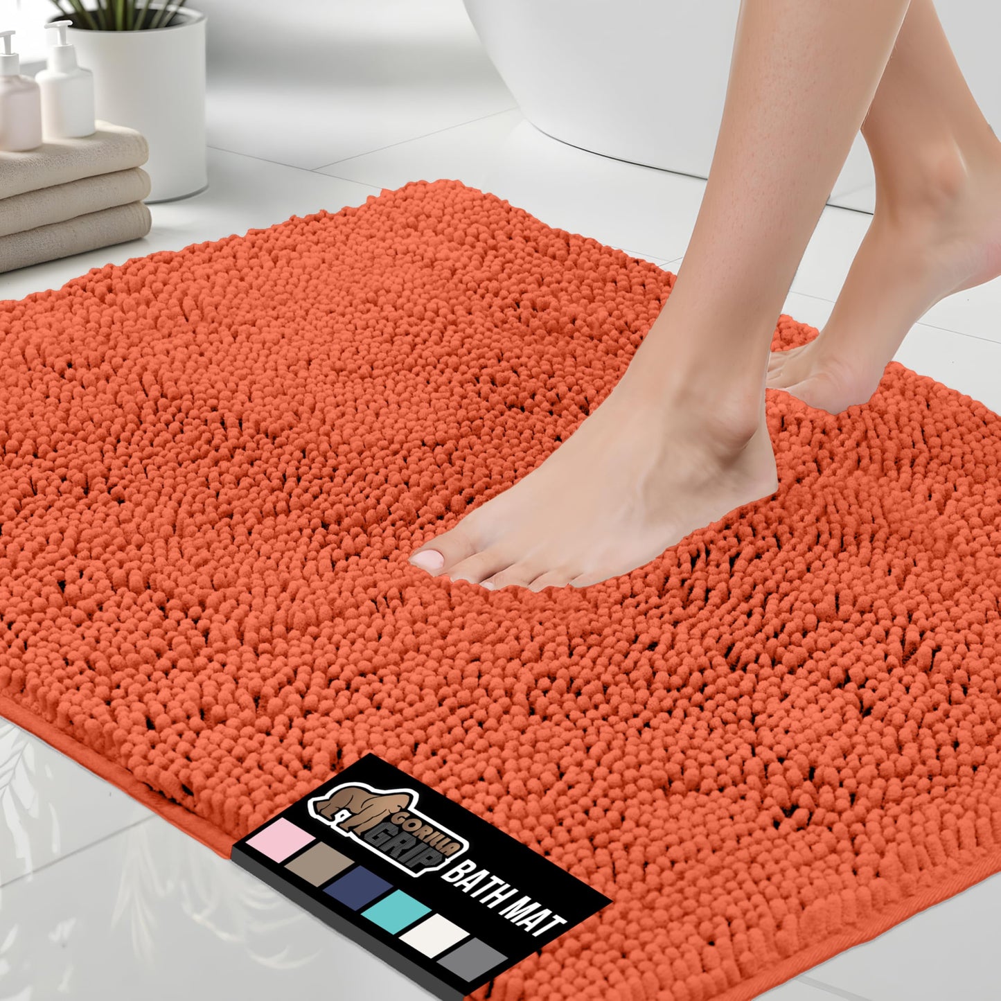 GORILLA GRIP Bath Rug Mat, Thick Soft Absorbent Chenille, Quick Dry Microfiber Mats, Rubber Backing Washable Shower Floor Rugs, Bathmat Runner, US Designed Bathroom Home Decor Accessories 24x17, Coral