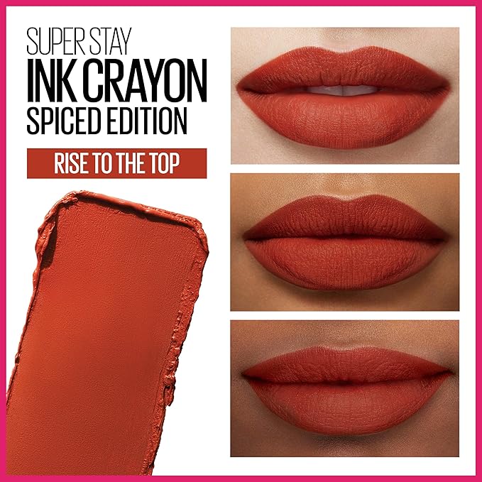 Maybelline Super Stay Ink Crayon Lipstick Makeup, Precision Tip Matte Lip Crayon with Built-in Sharpener, Longwear Up To 8Hrs, Rise To The Top, Burnt Sienna, 1 Count