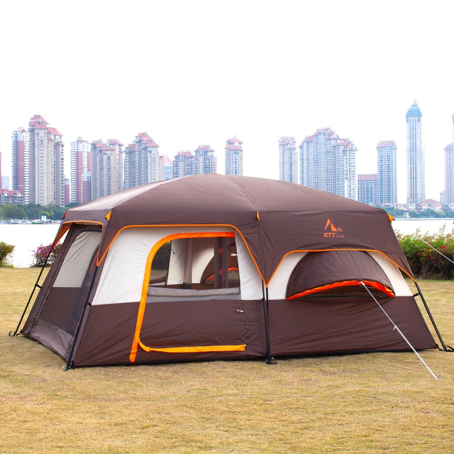 KTT Extra Large Tent 12 Person,2 Bay-Windows,Family Cabin Tents,14'Lx10'Wx6.58'H,2 Rooms and 3 Doors 3 Windows with Mesh,Waterproof,Straight Wall,Big Tent for Outdoor,Picnic,Camping,Gathering(Brown)