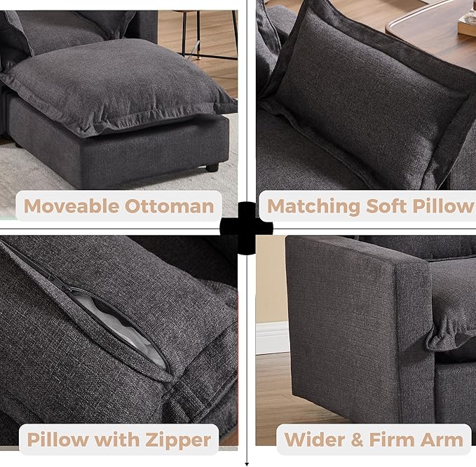 chairus 126" Modular Sectional Sofa with Moveable Ottoman Upholstered Deep Seat Linen Couch Set with Soft Pillows L-Shape Sofa Couch for Living Room, Apartment, Reception Room, 4-Seater/Black