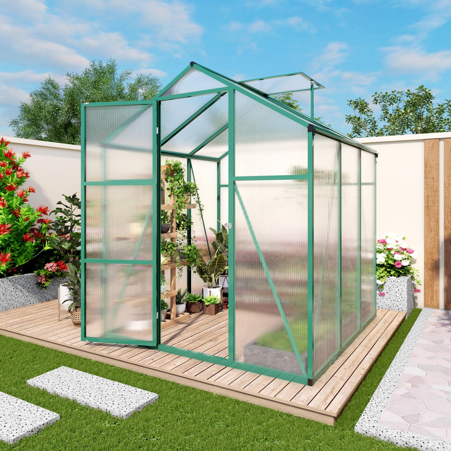 6x10FT Walk-in Polycarbonate Greenhouse Kit, Heavy Duty Aluminum Alloy Frame Green House with Ventilation & Drainage System, UV Resistant Plant Shelter Outdoor Garden Backyard All Season Use