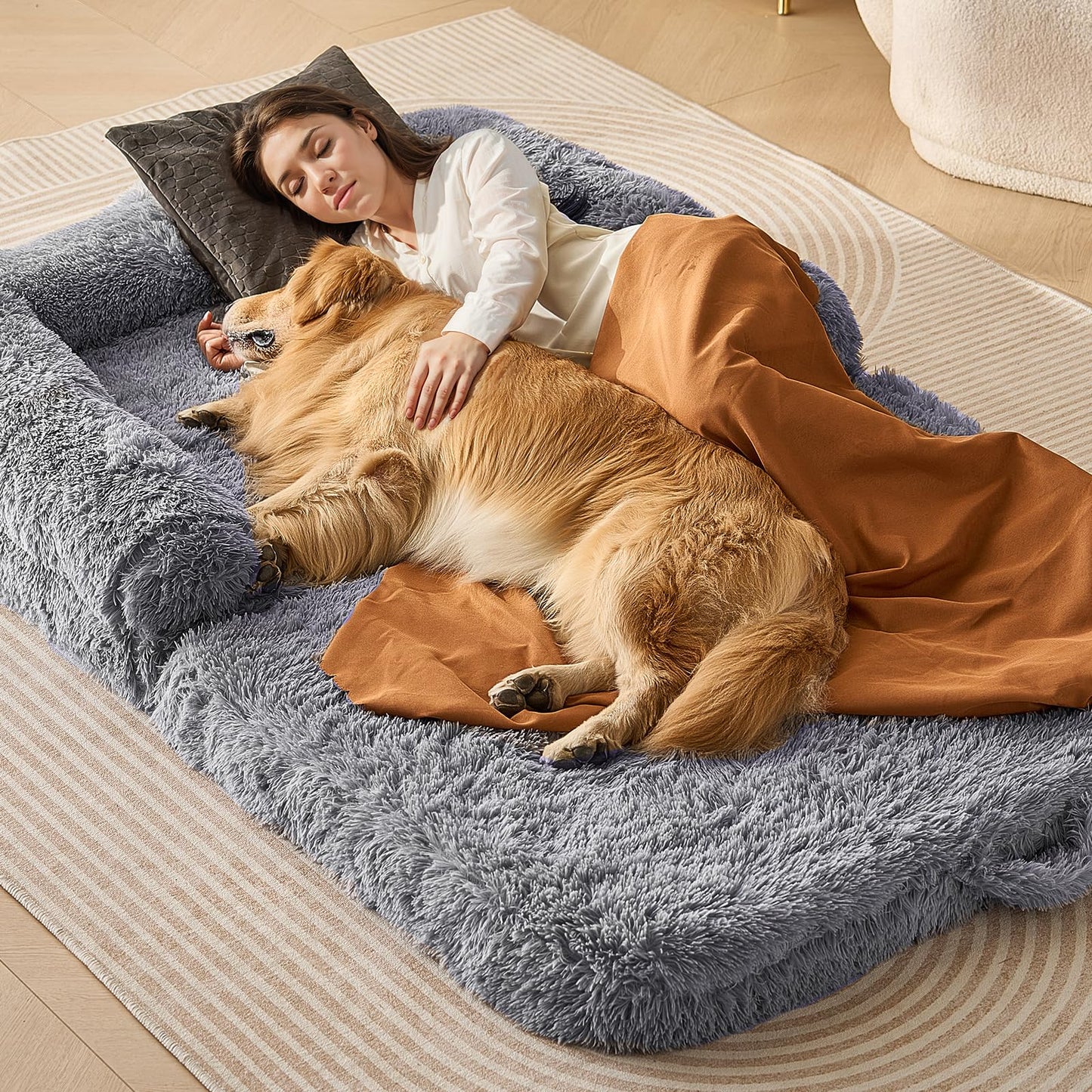 VEVOR Foldable Human Dog Bed, 72"x48"x10" Giant Human Sized Dog Bed with Washable PV Velvet Cover, Egg Orthopedic Foam, Storage Pocket, for You and Pet, Grey