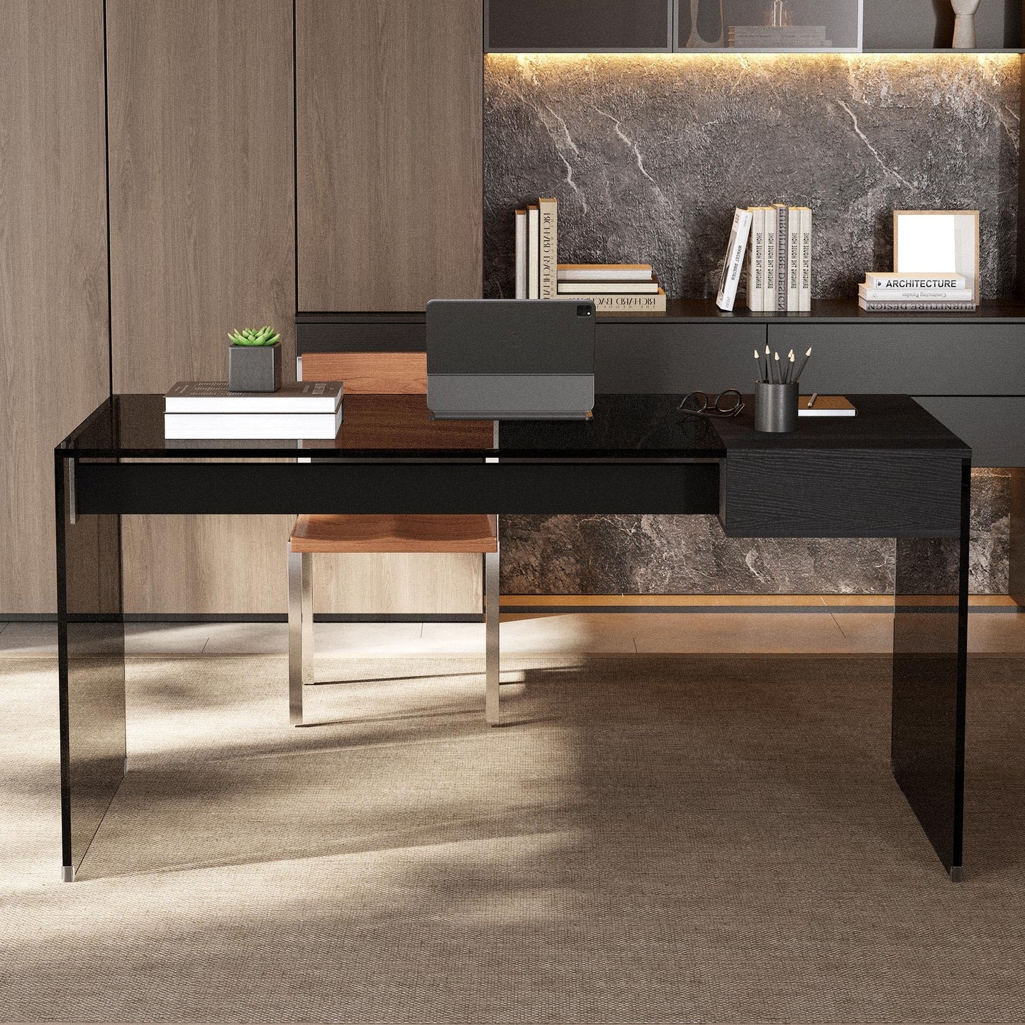 NessCarsti 53.14" Modern Tempered Glass Executive Desk with Drawer, Black Wood Finish and Tempered Glass Legs – Minimalist Stylish Workstation Table for Home Office