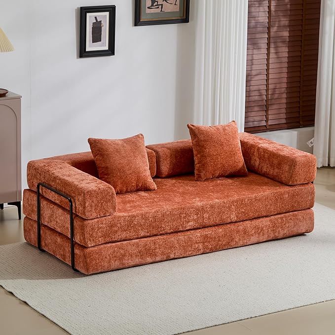 Convertible Couch Sofa Bed Foldable Floor Sleeper | Modern Fold Out Couch | Removable Backrest & Armrests | No Assembly Compression Sofa Sleeper for Living Room, Bedroom | Orange Chenille
