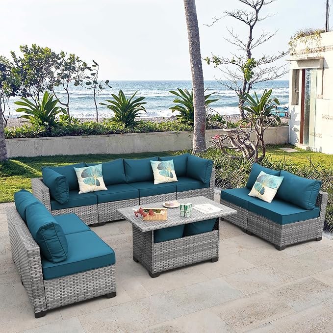 Rattaner Patio Furniture Sectional Sofa Set 9 Pieces Outdoor Wicker Furniture Couch Large-Size Storage Table with Thicken(5") Anti-Slip Peacock Blue Cushions