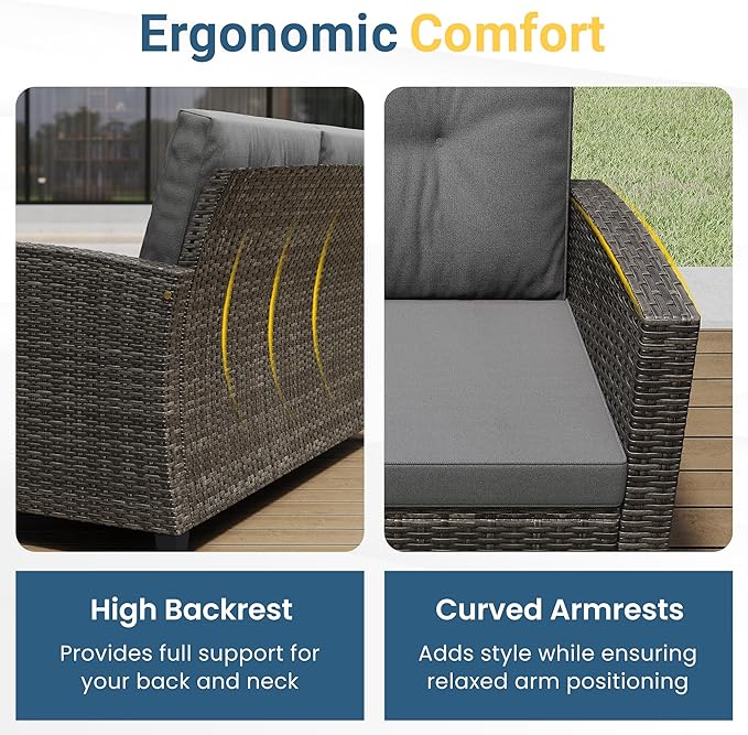 Wisteria Lane 4 Piece Patio Furniture Set, Wicker Outdoor Patio Conversation Furniture Set, All Weather Outdoor Patio Sofa with Cushion and Wood Table, Gray Wood