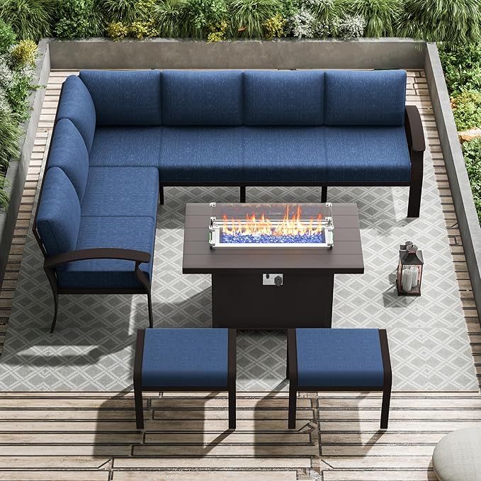 RTDTD Aluminum Outdoor Patio Furniture Set,8 Seats Patio Conversation Sets with 45" Propane Fire Pit Table,Metal Patio Sectional Furniture Set with Ottomans,Navy Blue