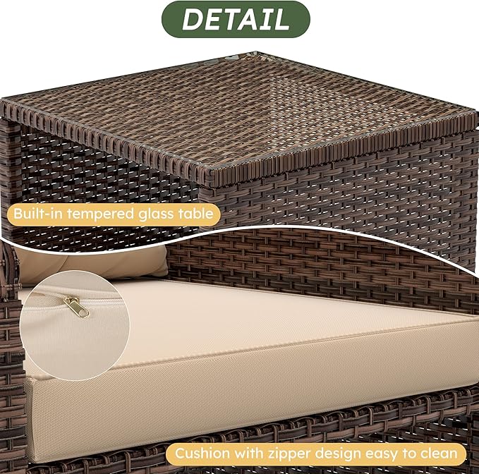 LHBcraft 5 Pieces Patio Set, PE Rattan Patio Conversation Set with Soft Cushions & Coffee Table, Outdoor Chairs with Hidden Ottoman for Porch, Lawn, Garden, Balcony, Brown