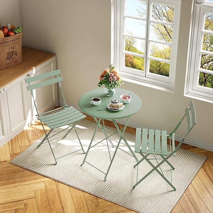 Bistro Table and Chairs Set of 2, 3 Piece Outdoor/Indoor Folding Patio Bistro Sets, 2 Chair Patio Furniture Set with Tabl...