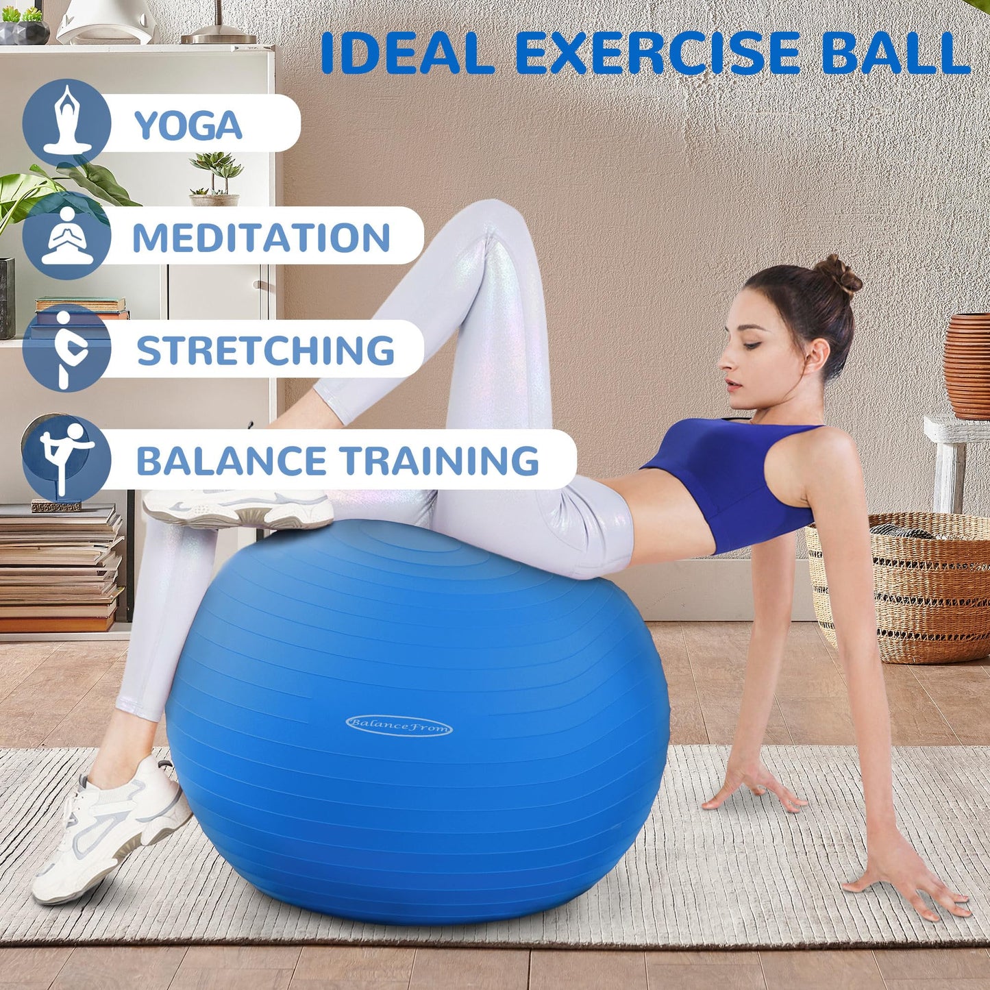 Fitvids Anti-Burst Slip Resistant Exercise Ball - 34-inch Blue, 2,000-Pound Capacity, Quick Pump