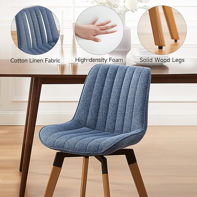 Art Leon Swivel Dining Chairs Set of 2, Mid Century Modern Kitchen Dining Room Chairs, Upholstered Fabric Armless Side Chair with Wood Legs for Living Room Bedroom, Blue