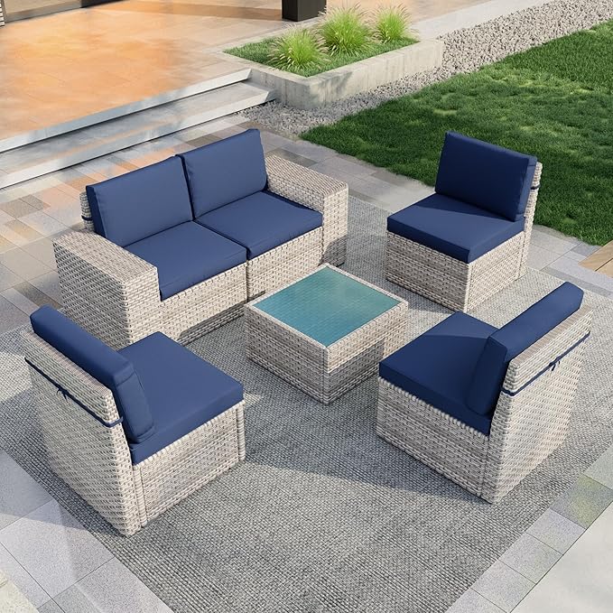 PCSXDSW 6 Pieces Patio Conversation Set, Rattan Furniture Set with Wide Armrests and Coffee Table, Outdoor Modular Sectional Couch Wicker Sofa for Garden Backyard Balcony Porch Deck (Blue Cushions)