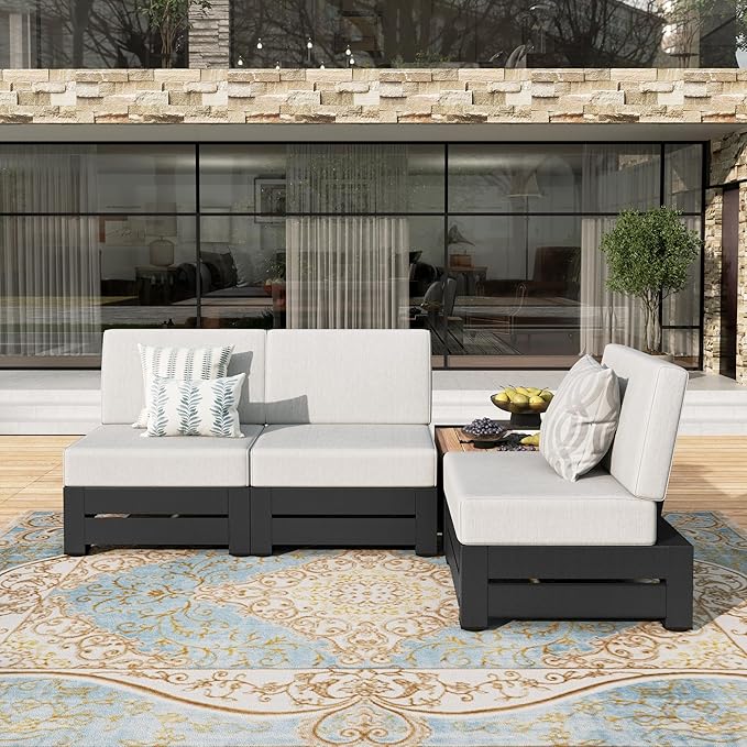 HERA'S HOUSE Patio Furniture Set, 4 Pieces All-Weather Outdoor Sectional Sofa with 28" Coffee Table & 5.9" Thick Waterproof Cushions, Modular Conversation Set for Garden Deck Backyard (Easy Assembly)