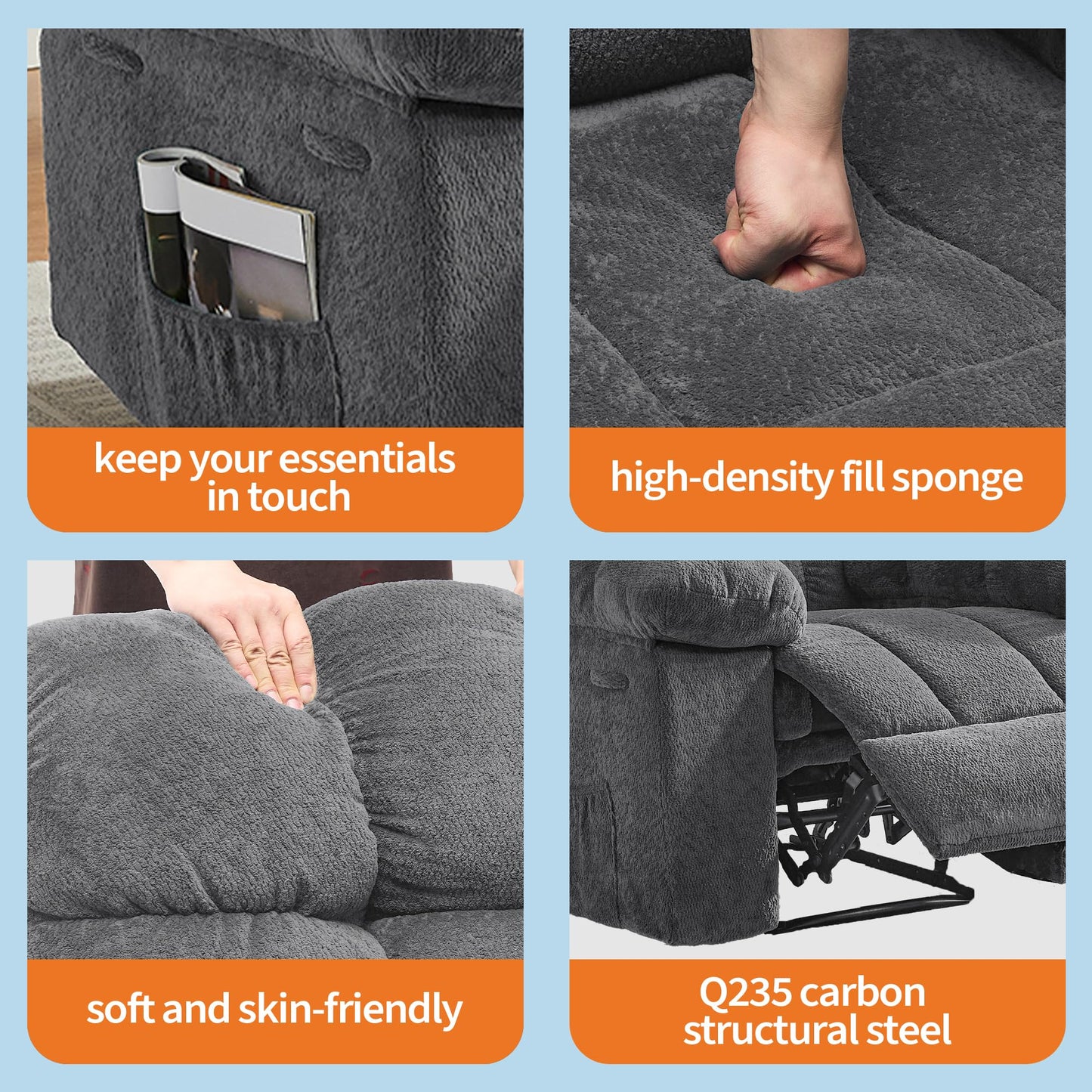 Manual Recliner Chair,Ergonomic Overstuffed Breathable Fabric Reclining Chair with Side Pockets,q235 Steel Frame Lazy Boy Recliner Single Sofa for Living Room Bedroom