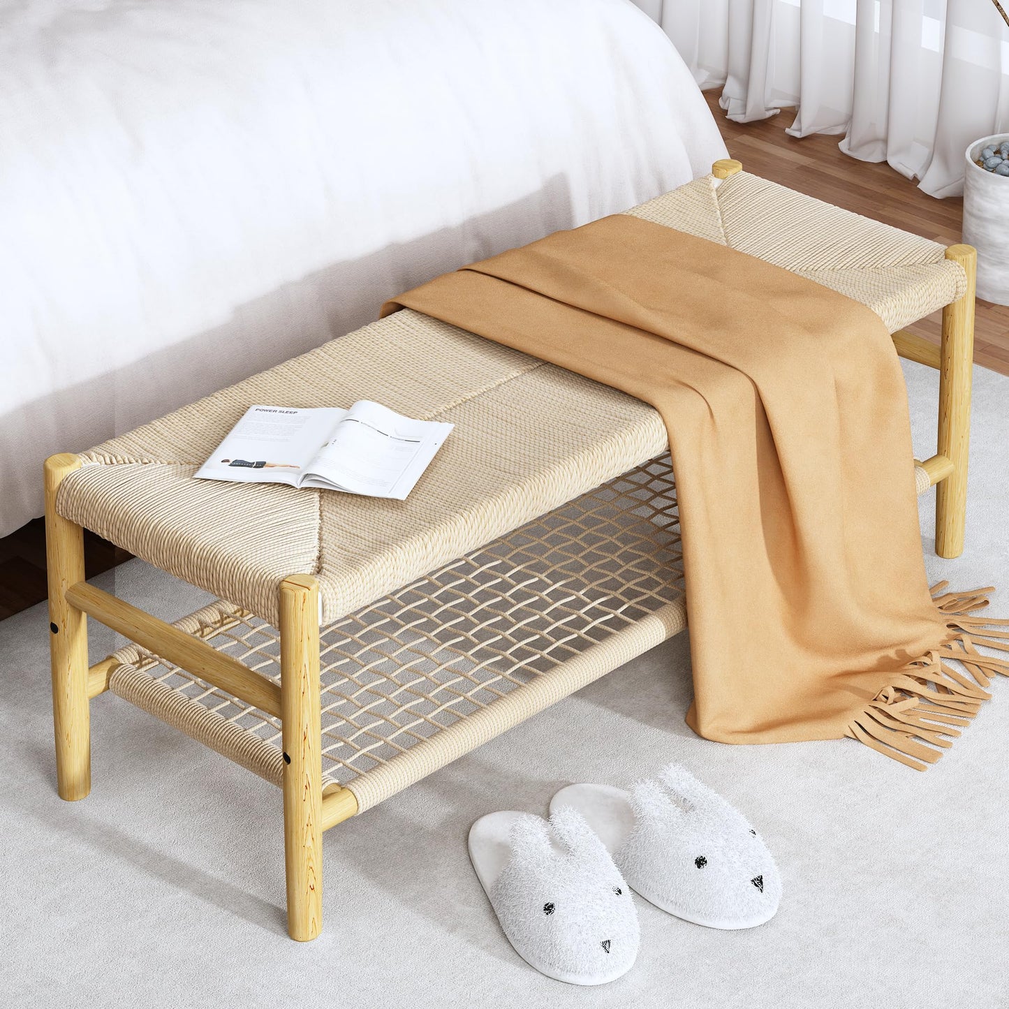 DKLGG Entryway Storage Bench with Mesh Shelf, Indoor Storage Bench Entrance Bench with Paper Cord & Rubber Wood Legs, Narrow Bench Boho Bench Dining Room Bench for Entryway, Living Room, Bedroom