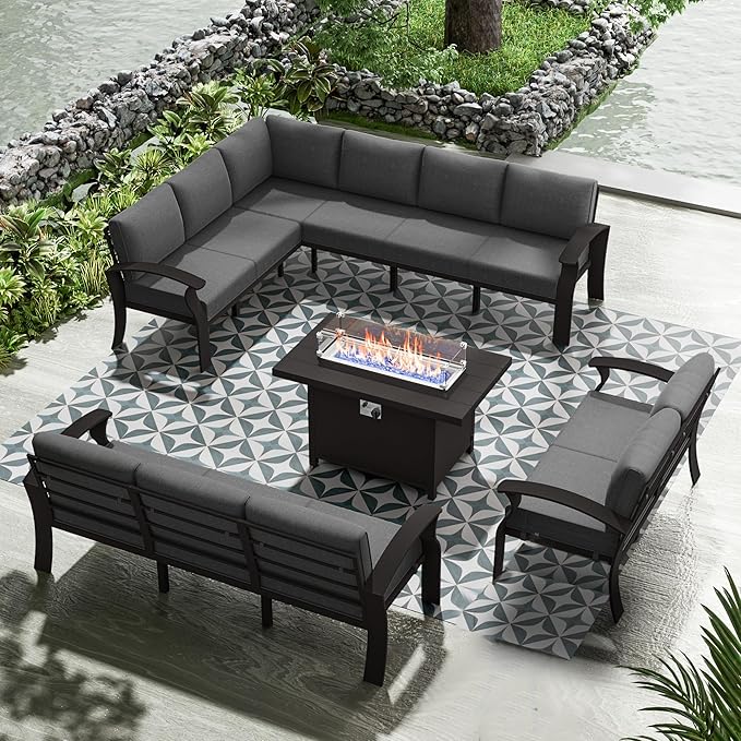 RTDTD Aluminum Outdoor Patio Furniture Set,11 Seats Patio Conversation Sets with 45" Propane Fire Pit Table,Metal Patio Sectional Furniture Set with 5.1" Thickened Cushions,Grey