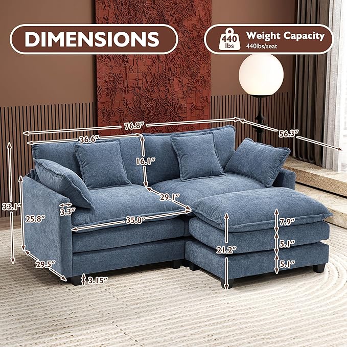 Ihanherry 77" L Shaped Modern Sofa Modular Sectional Cloud Couch with Ottoman, 3-Seat Chenille Deep Seat Sofa with Pillow for Living Room, Bedroom and Apartment, Blue