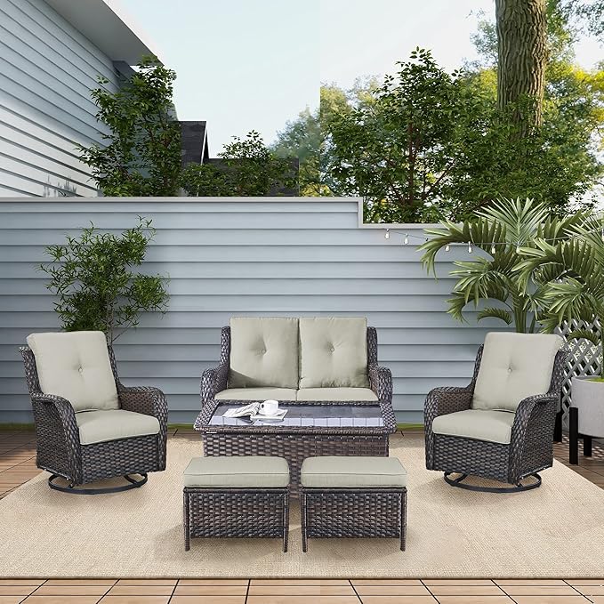 Belord Wicker Outdoor Furniture Patio Furniture Set - 6 Piece Patio Conversation Set with Swivel Rocker Chairs, Loveseat Sofa, Ottomans and Coffee Table, Beige Cushion