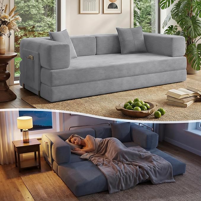Fancyfire 78.8" Convertible Sofa Bed with Armrest Pillow,4-in-1 Sleeper Couch Bed for Livingroom,Modular Corduroy Boneless couches,No Assembly (Grey)