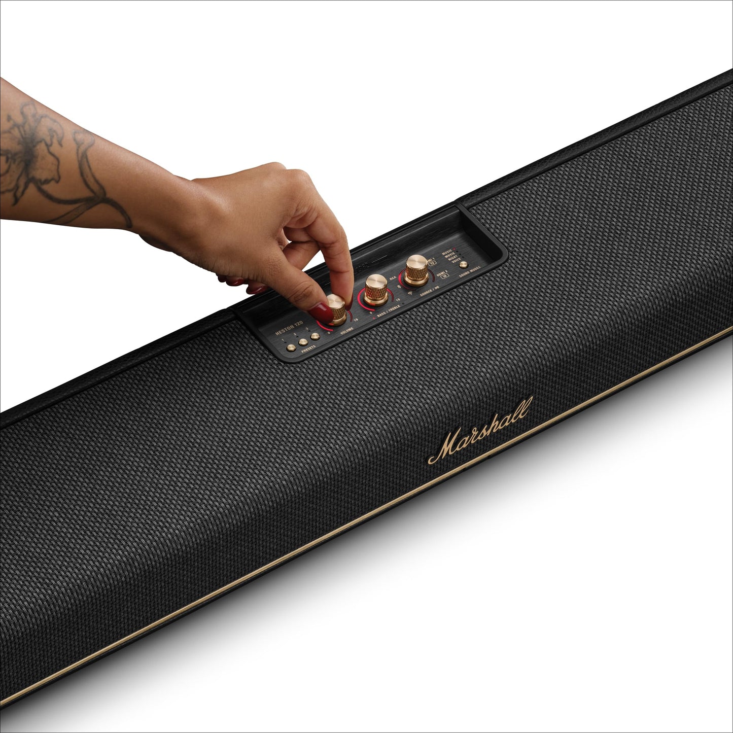 Marshall Heston 120 Soundbar - Dolby Atmos Immersive Sound and Built-in Subwoofer for TV, Movies and Music | Volume, Bass, Treble Controls | Bluetooth, WiFi, HDMI, RCA Inputs - Black