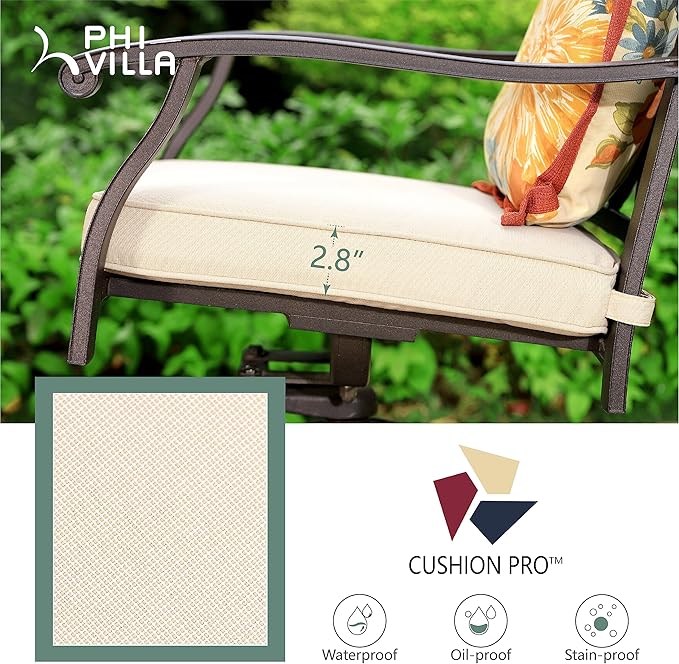 PHI VILLA Cast Aluminum Outdoor Patio Dining Chairs, Extra Wide Armrest Stable Chairs with Seat Cushion, Casting Aluminum Back for All Weather, Set of 4