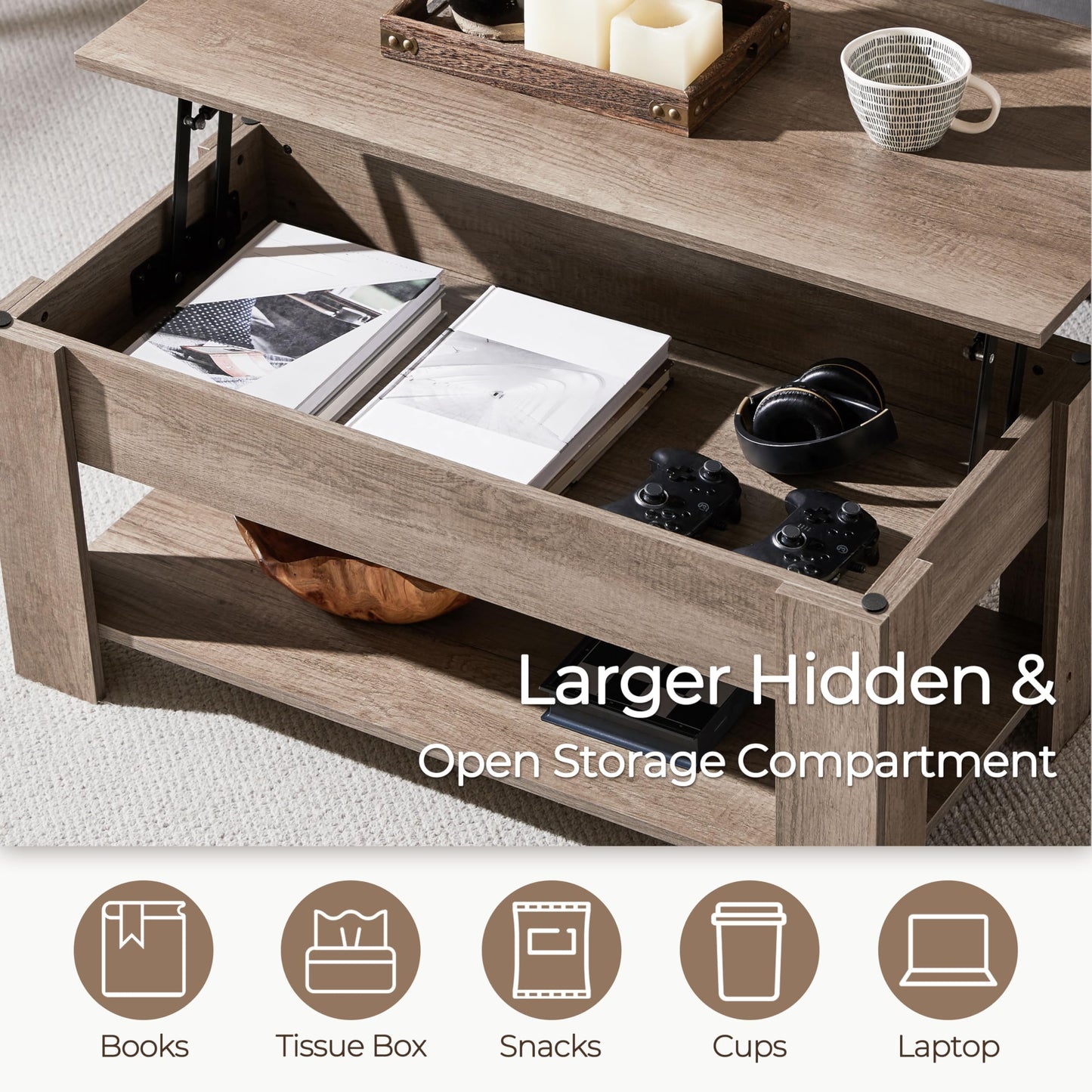 Yaheetech Lift Top Coffee Table with Hidden Compartment and Storage Shelf, Rising Tabletop Dining Table for Living Room Reception Room, 38.6in L, Grey