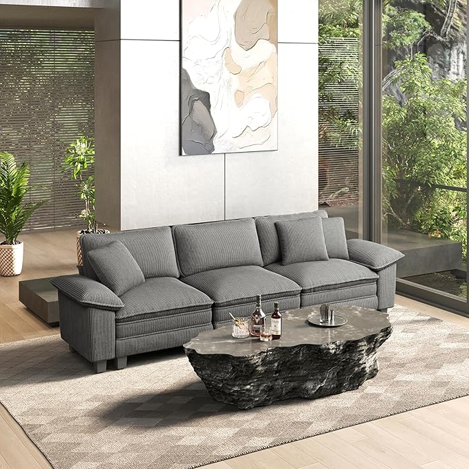HERA'S HOUSE 124" Modular Sectional Sofa, Oversized Couches for Living Room, Comfy Cloud Couch 3-Seater Deep Seat Sofa with Throw Pillow, Corduroy Grey