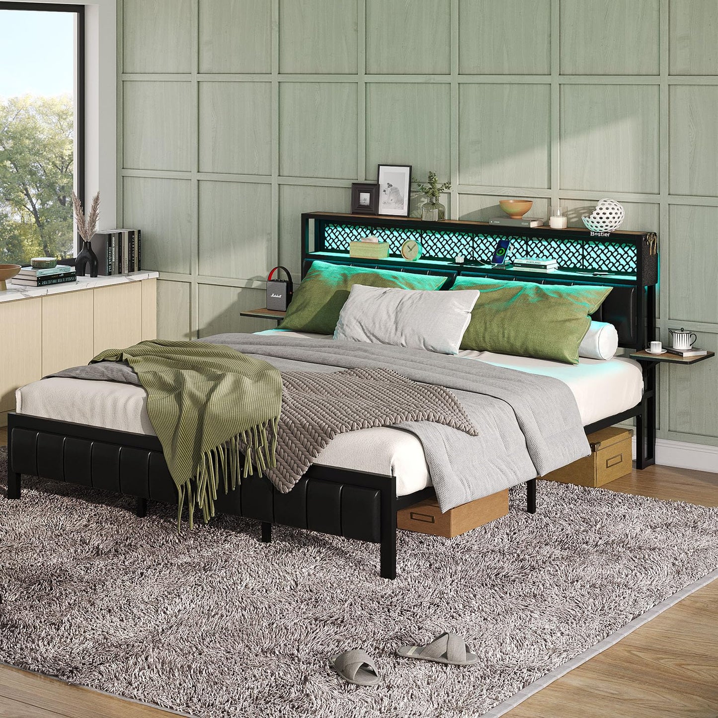 Bestier Queen Bed Frame with Upholstered Headboard and Charging Station, Folding Bedside Shelves Storage, LED Metal Platform Bed Frame, Non-Slip, Noise-Free, Easy Assembly, Walnut