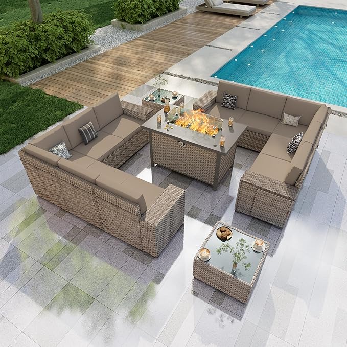13 Pieces Patio Furniture Set, Outdoor Modular Sectional Couch Conversation Set with Wide Armrests, Wicker Seating Group Sofa with Coffee Table and Fire Pit for Backyard Balcony (Khaki Cushions)
