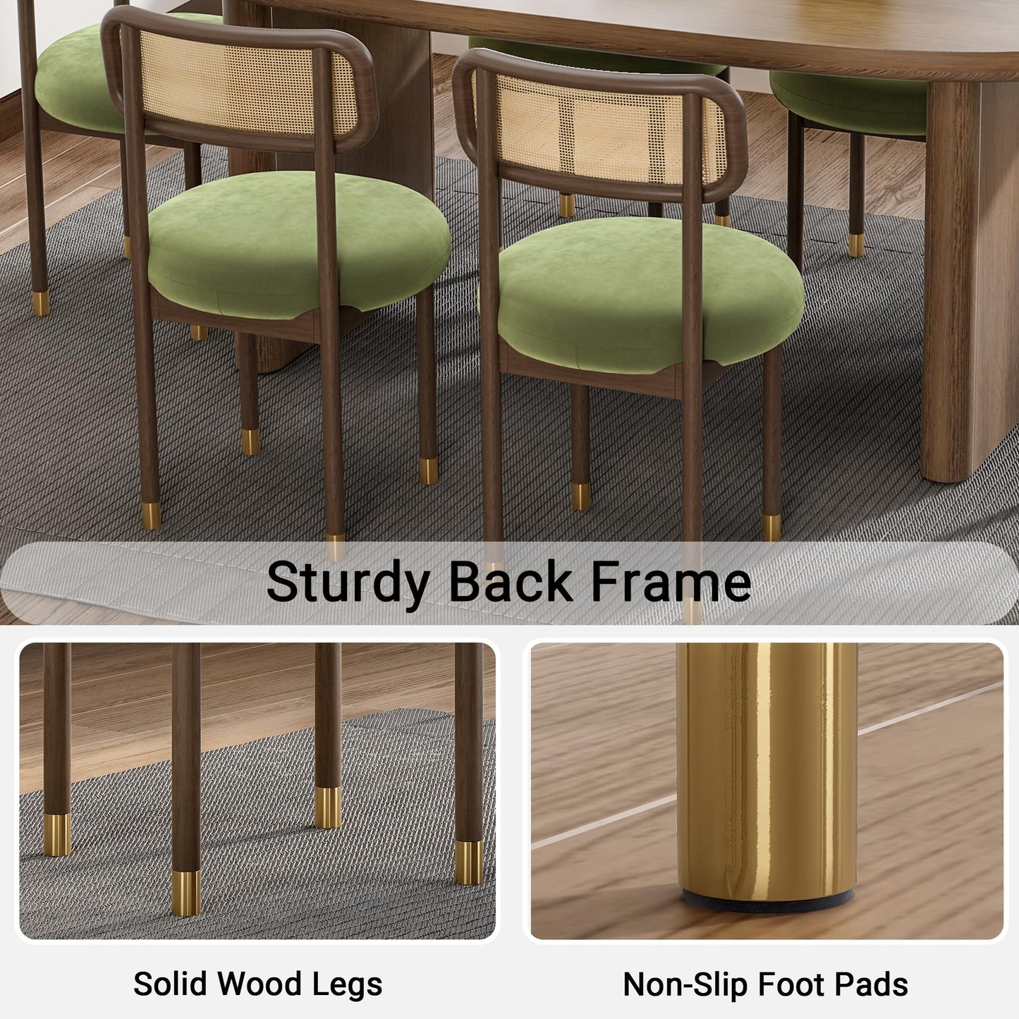 HoeuThien Upholstered Rattan Dining Chairs Set of 4, Mid Century Modern Kitchen Chairs with Curved Back and Solid Wood Legs Armless Accent Chair for Living Room Bedroom Restaurant, Walnut/Green Velvet