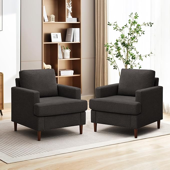 Weture Mid-Century Accent Chair,Modern Linen Fabric Armchair for Living Room,Comfy Upholstered Reading Accent Chairs for Bedroom,Single Sofa Chair with Wood Legs (Dark Grey, 2 Pack)