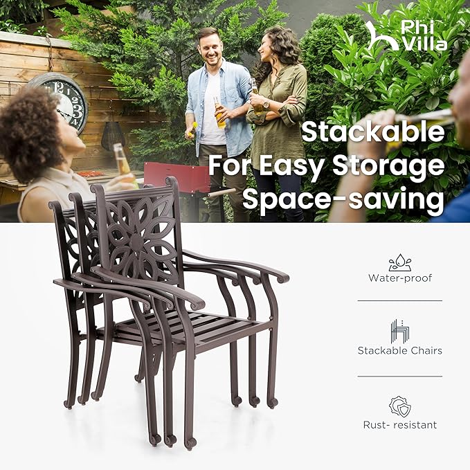 PHI VILLA Cast Aluminum Outdoor Patio Dining Chairs, Extra Wide Armrest Stable Chairs with Seat Cushion, Casting Aluminum Back for All Weather, Set of 4