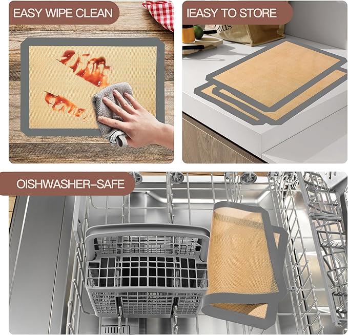 3-Pack Non-Stick Silicone Baking Mat, Food Safe Silicone Mats for Baking Cookies and Macarons - Silicone Baking Sheet(Gray)