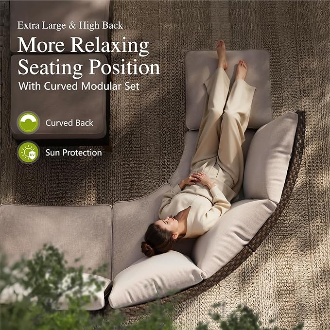 Sophia & William Half Moon Patio Furniture Set with Swivel Chairs, 11 Piece Curved Outdoor Sectional Sofa Modular Wicker Patio Conversation Couch Set for Deck Backyard Lawn, Beige