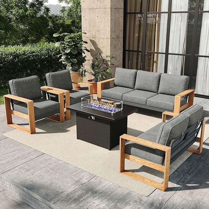 5 Pieces Aluminum Patio Furniture Set, Outdoor Conversation Sets with High Backrest Sofa and Fire Pit Table for Garden and Backyard