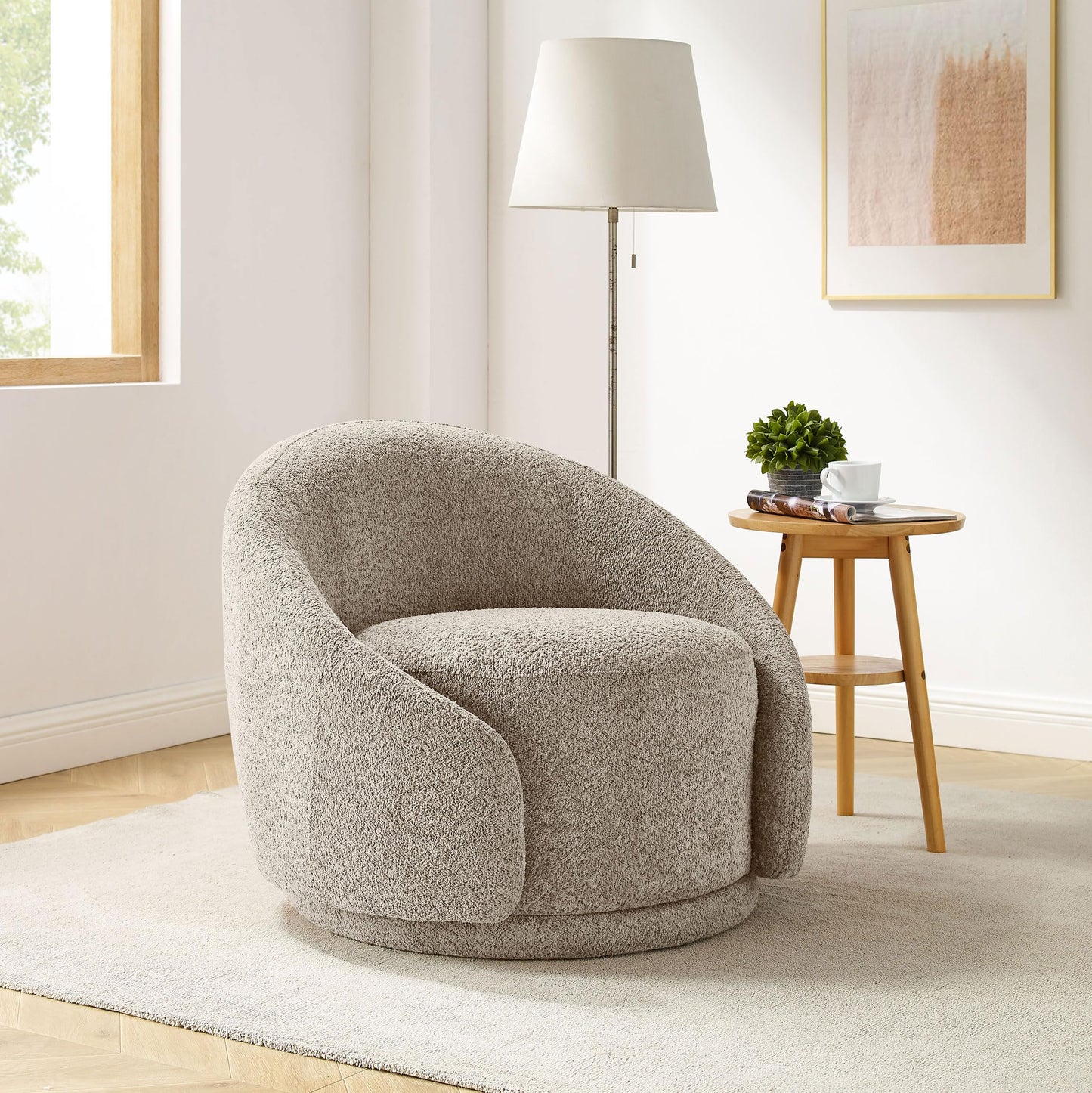 VANOMi Swivel Barrel Chair, Upholstered Modern Round Accent Arm Chairs, 360° Swivel Single Sofa Armchair for Living Room and Bedroom, Camel Boucle